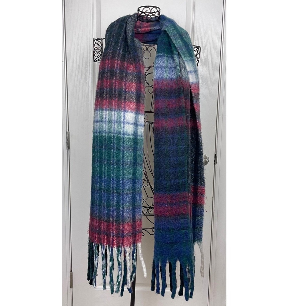 Free People Falling For You Chunky Plaid Scarf Multi Color Fringe Oversized Boho